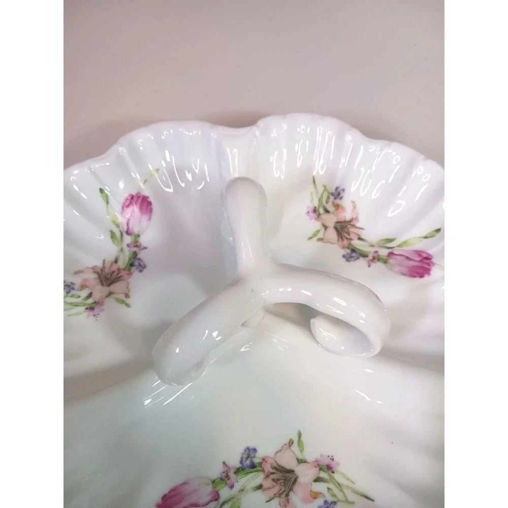 Vintage Porcelain Candy Dish Floral Ring Handle Trinket Vanity Bowl Shabby Chic